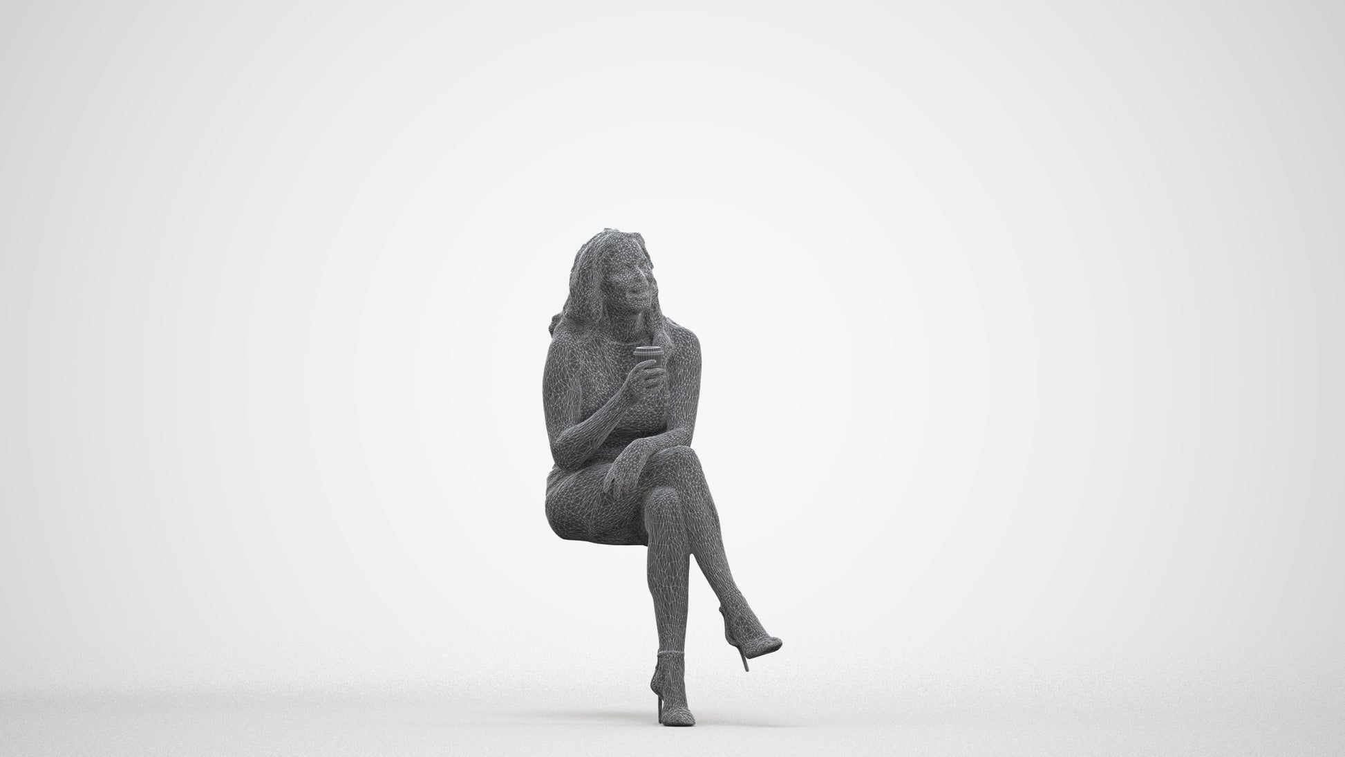 3D people model woman casual sitting, scanned human for 3ds Max rendering, three-quarter front view render