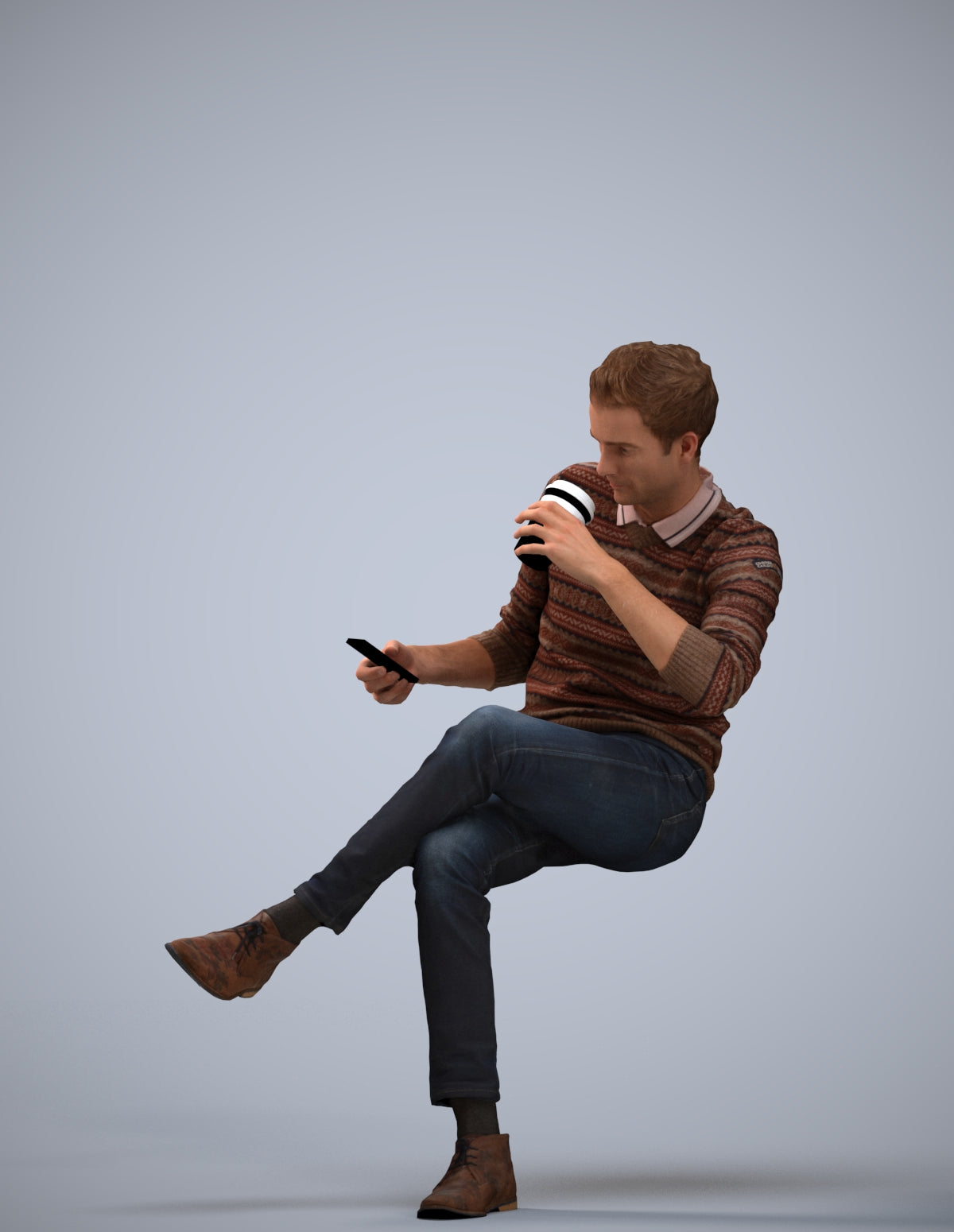 photogrammetry 3D man casual sitting, realistic human model archviz FBX