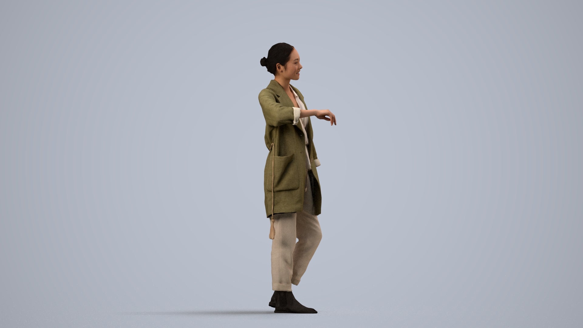 realistic 3D woman casual standing, scanned archviz people for Blender and 3ds Max, side view render