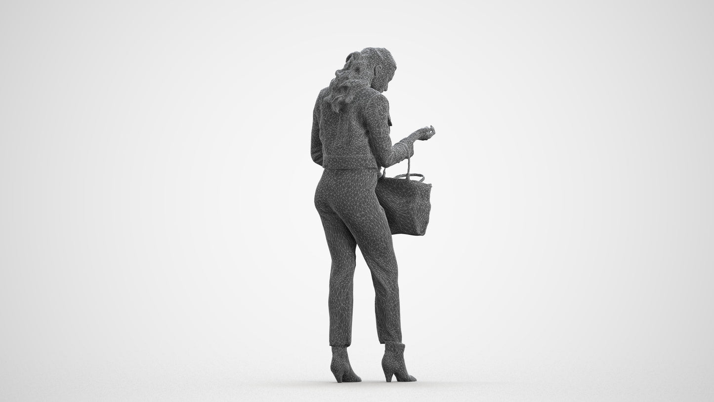 realistic 3D woman business standing, scanned archviz people for Blender and 3ds Max, wireframe front view