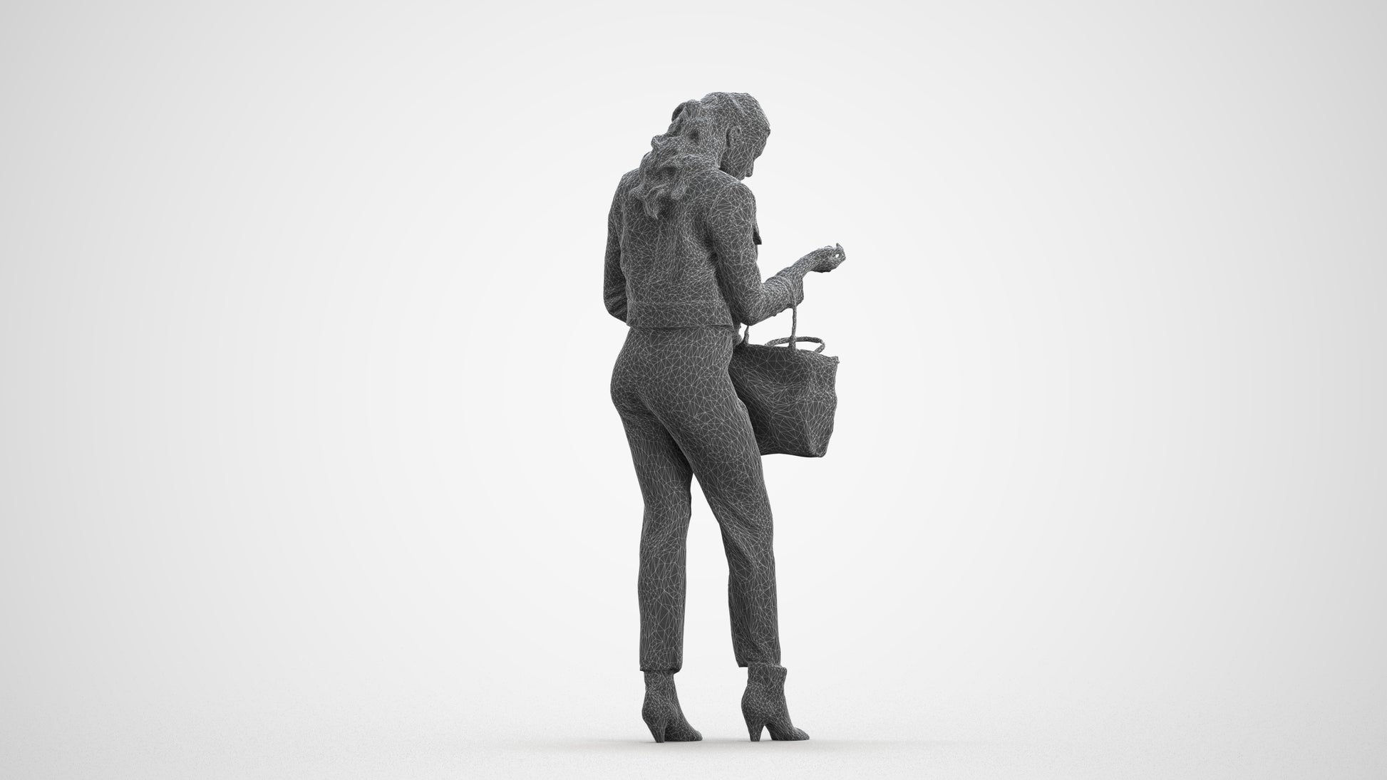 realistic 3D woman business standing, scanned archviz people for Blender and 3ds Max, wireframe front view