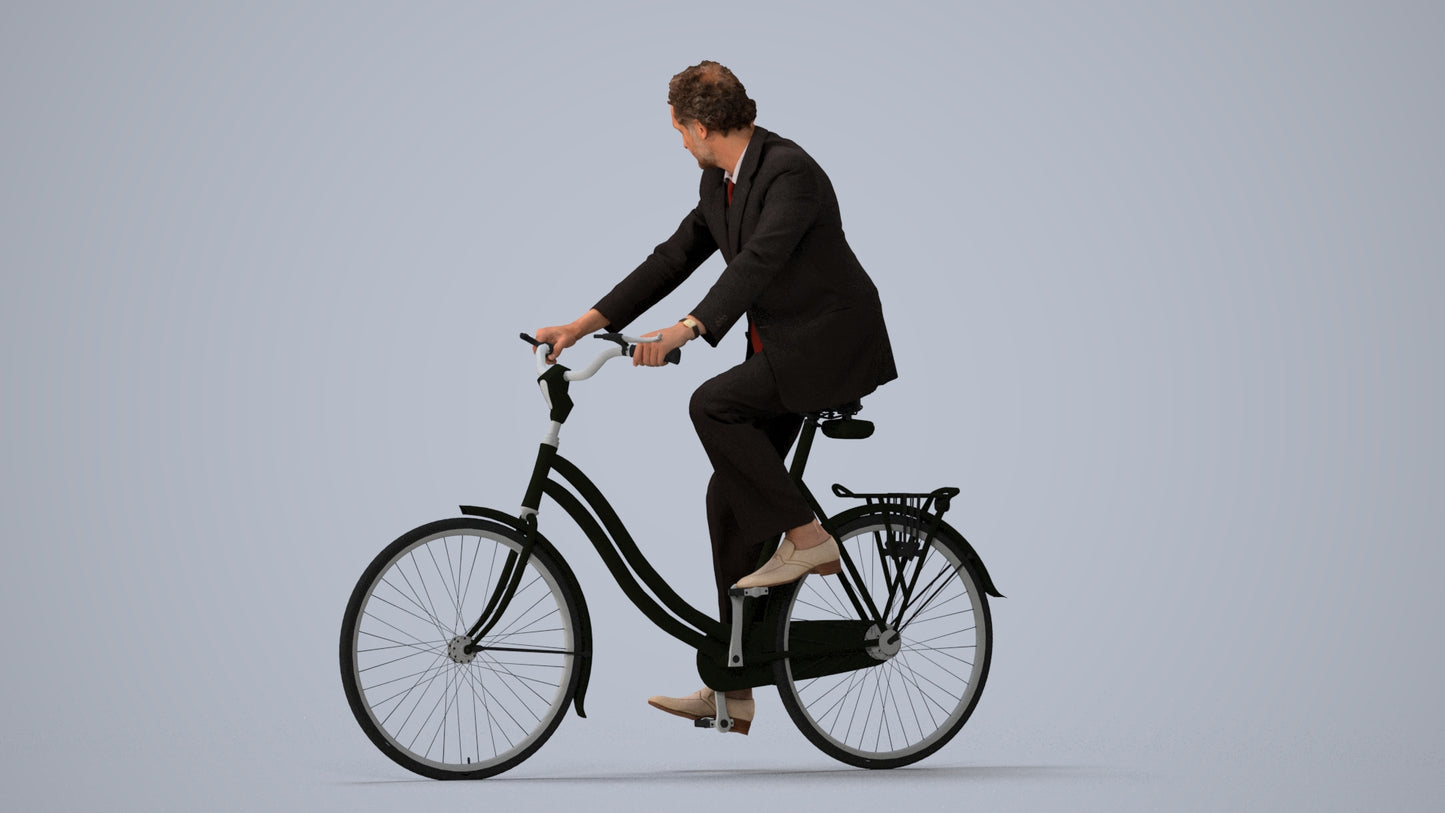 scanned 3D man business cycling, photogrammetry people for Enscape and V-Ray, three-quarter view render