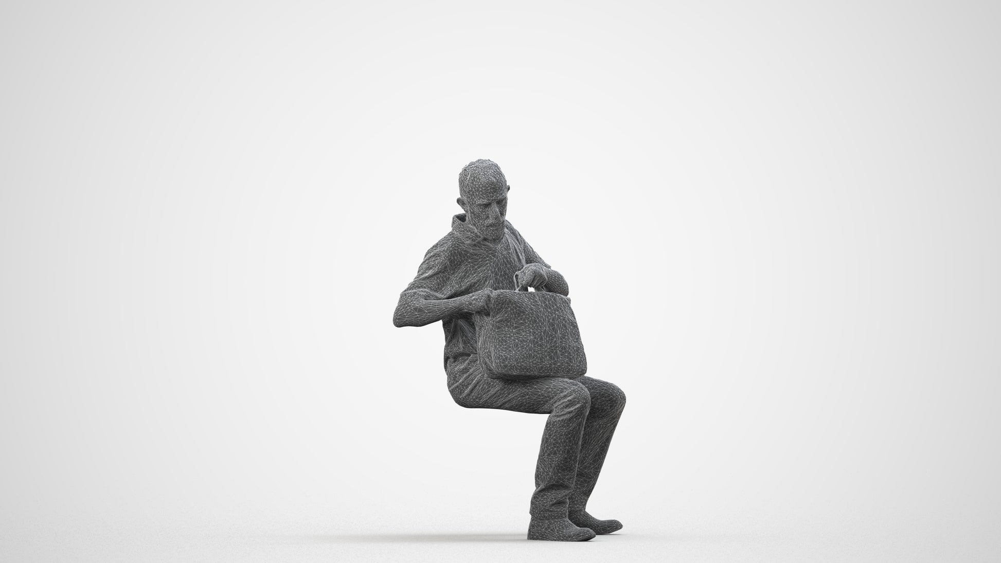 realistic 3D human senior man casual sitting, archviz people FBX OBJ for Blender, wireframe side view