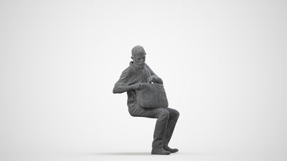 realistic 3D human senior man casual sitting, archviz people FBX OBJ for Blender, wireframe side view