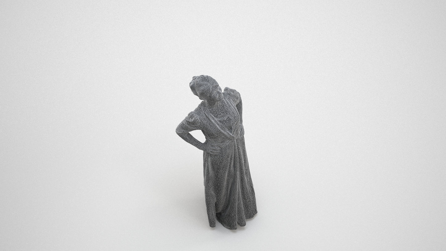 3D scanned woman standing casual, photorealistic archviz people for Enscape and SketchUp, wireframe three-quarter view