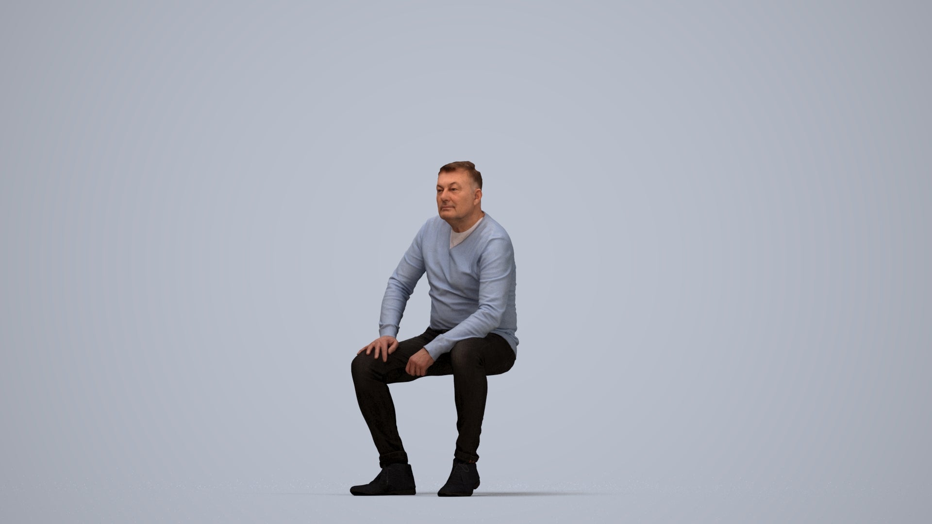 realistic 3D man casual sitting, scanned archviz people for Blender and 3ds Max, top-down view render