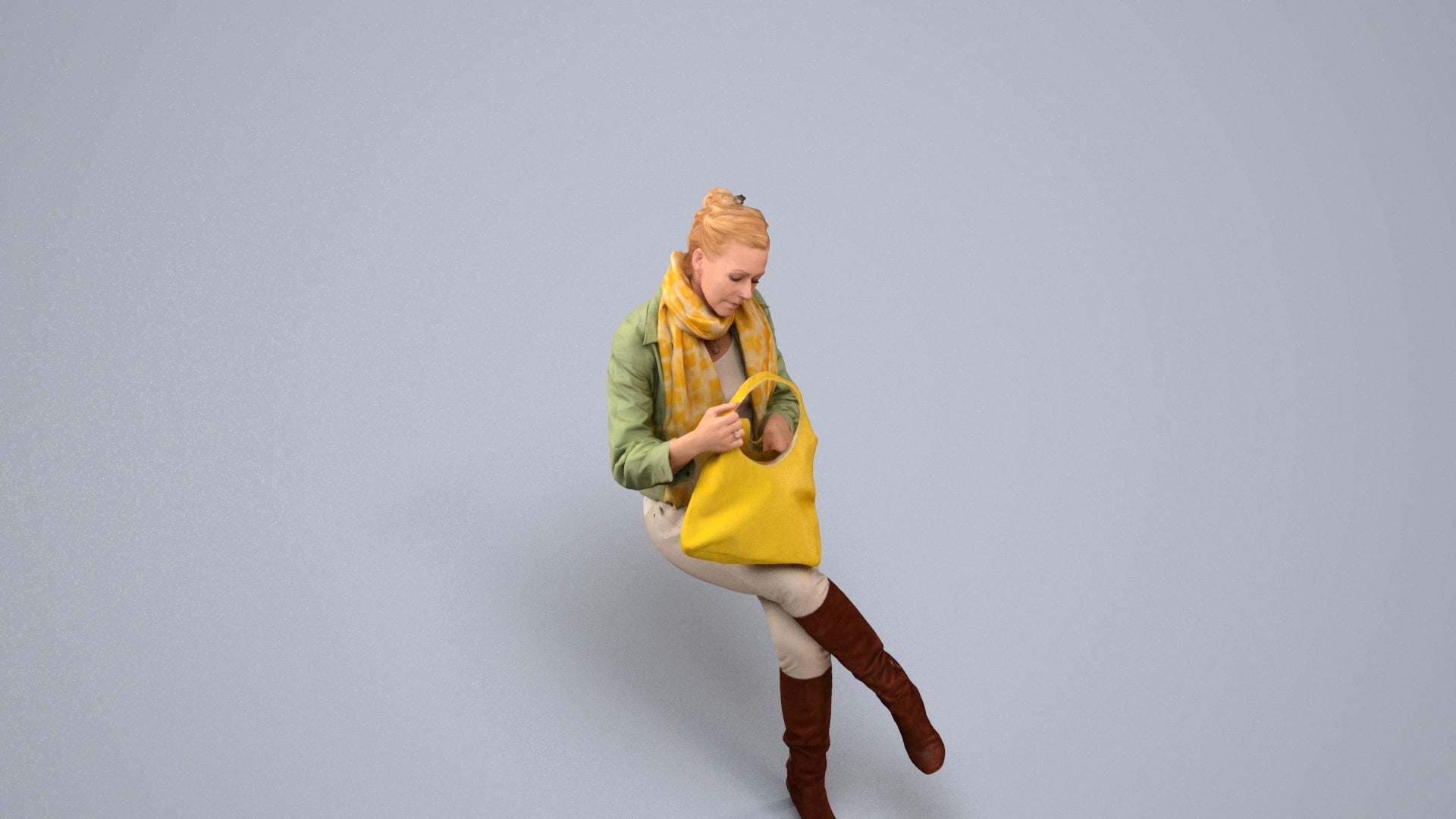 realistic 3D human woman casual sitting, archviz people FBX OBJ for Blender, back view render