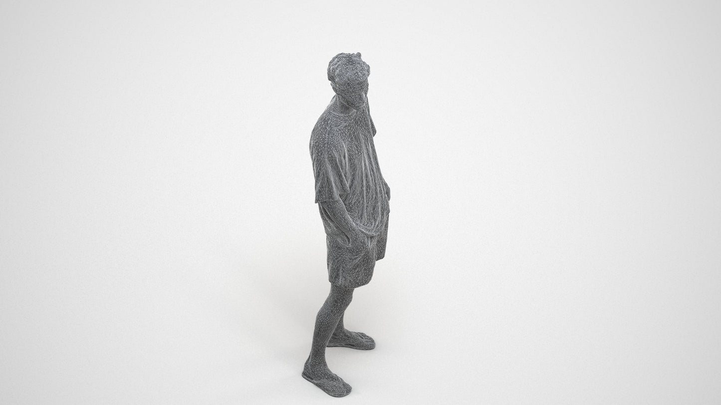 3D scanned man standing casual, photorealistic archviz people for Enscape and SketchUp, wireframe three-quarter view