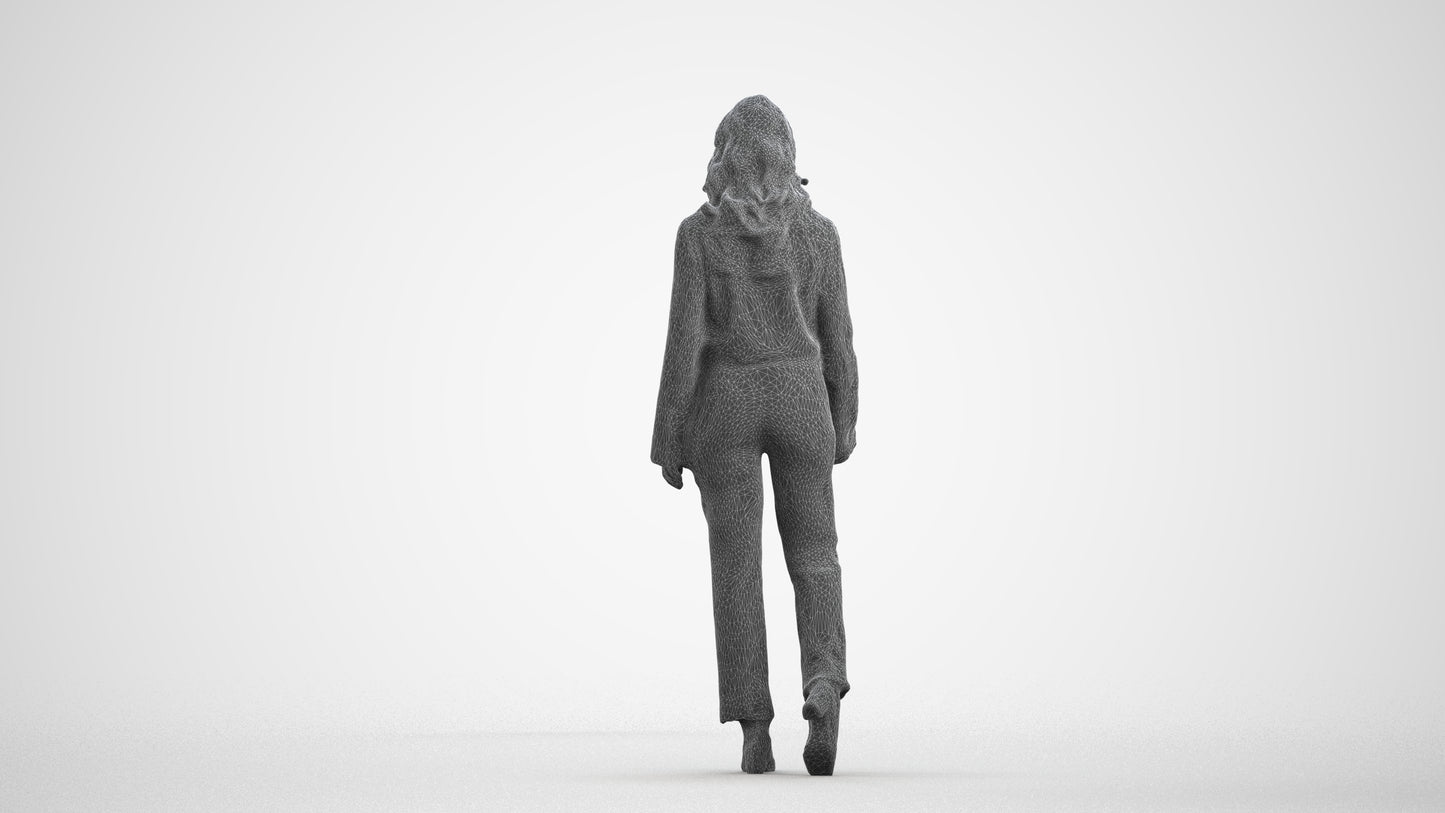 3D scanned woman walking business, photorealistic archviz people for Enscape and SketchUp, wireframe front view