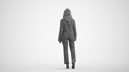 3D scanned woman walking business, photorealistic archviz people for Enscape and SketchUp, wireframe front view