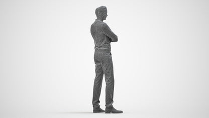 photogrammetry 3D man casual standing, realistic human model archviz FBX, wireframe side view