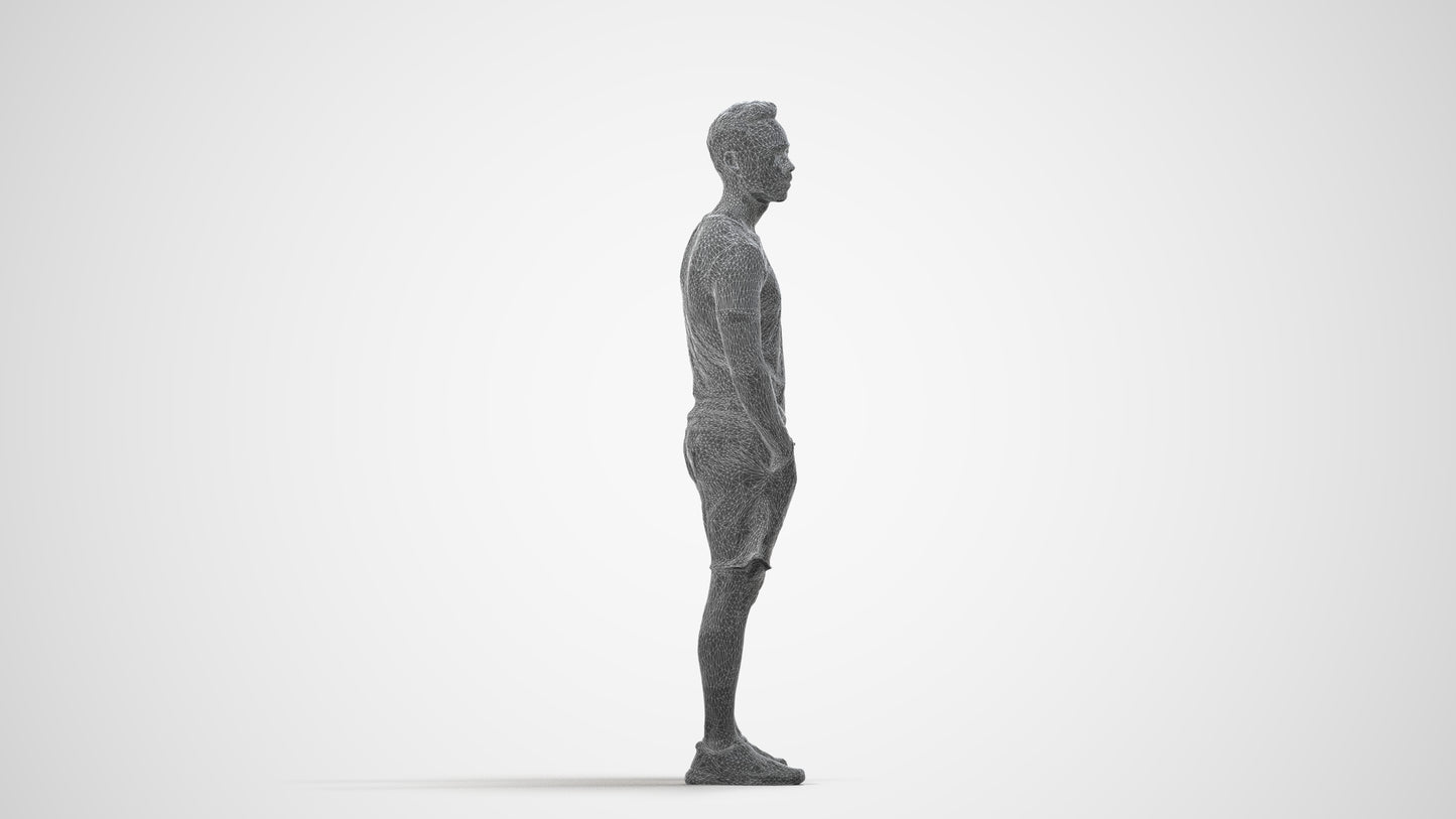 3D people model man casual standing, scanned human for 3ds Max rendering, wireframe side view