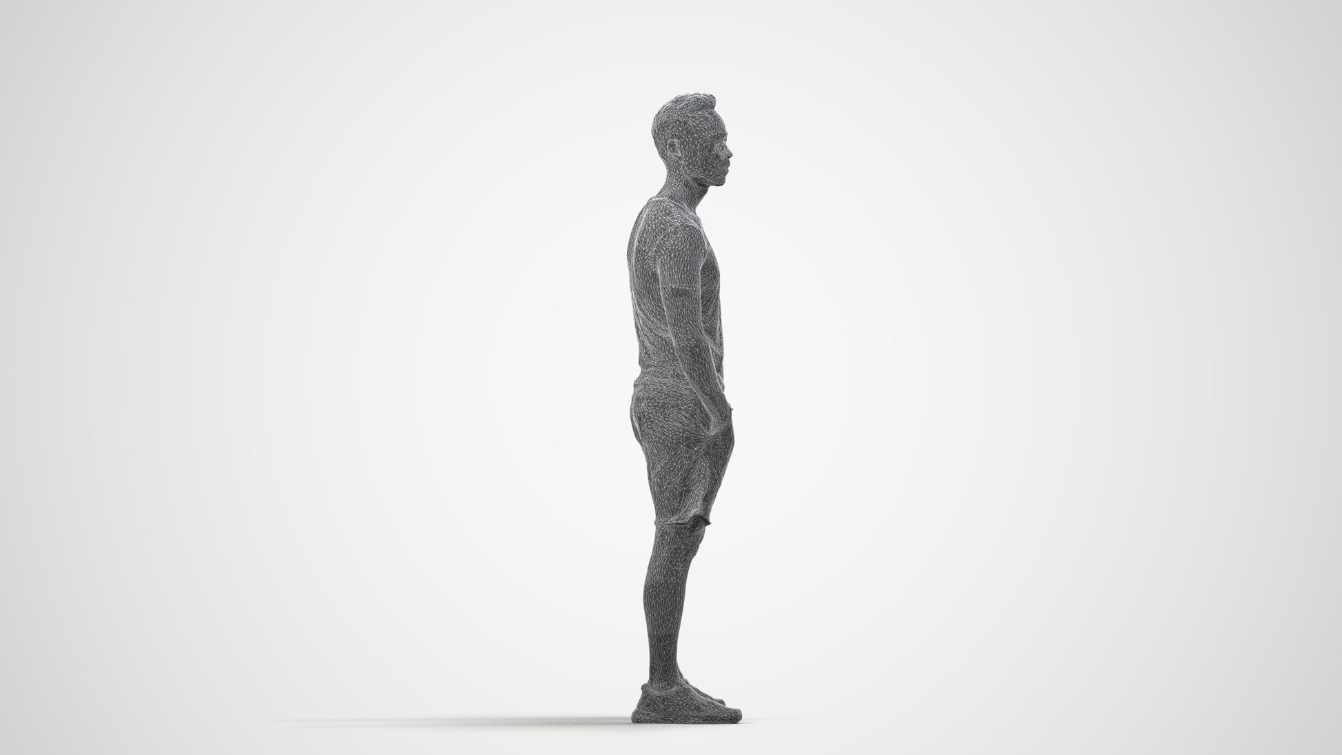 3D people model man casual standing, scanned human for 3ds Max rendering, wireframe side view