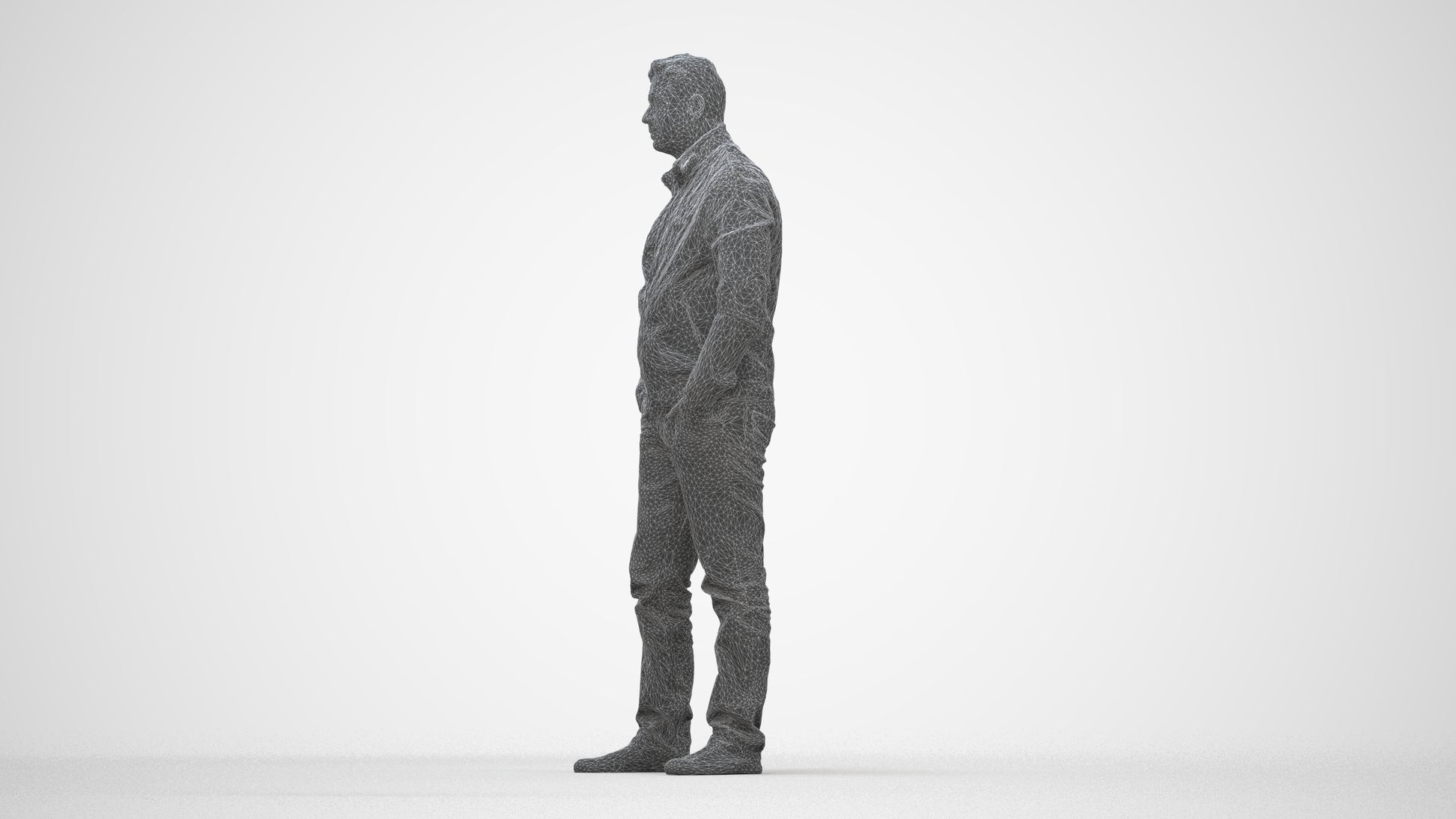 3D people model man casual standing, scanned human for 3ds Max rendering, wireframe back view