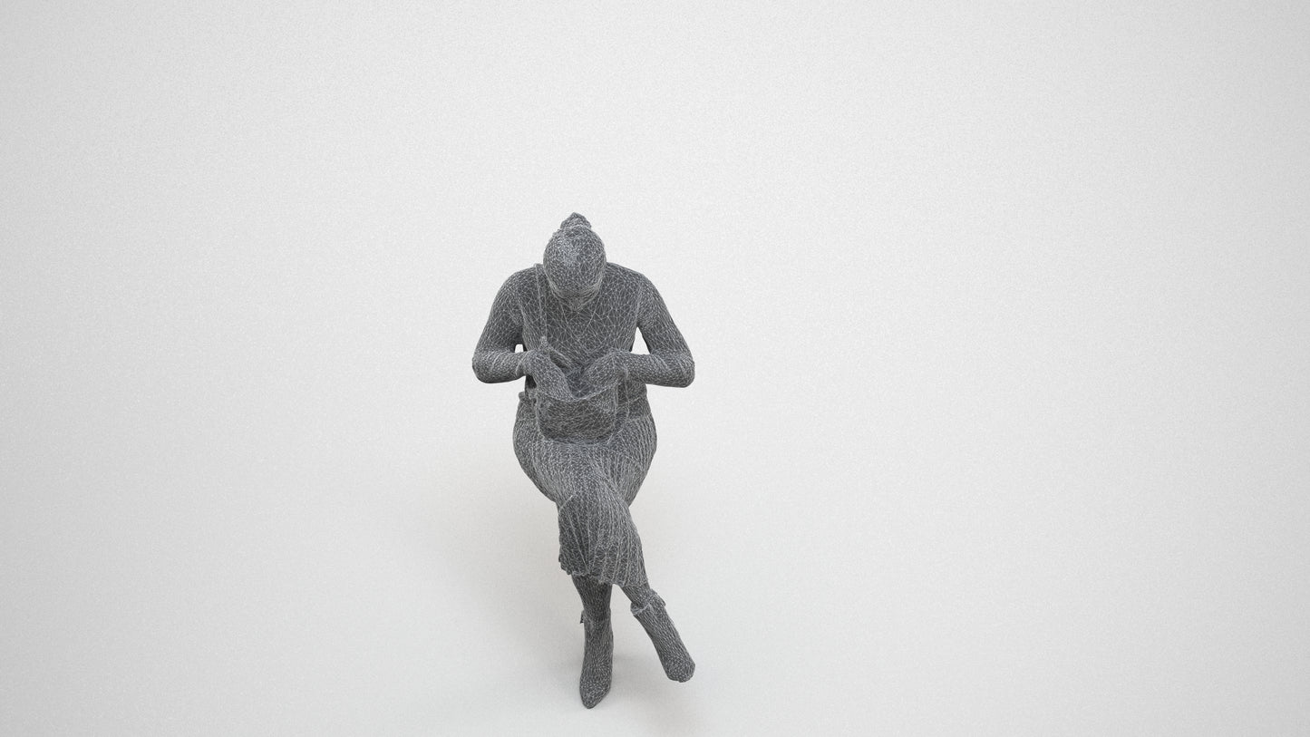 3D scanned woman sitting casual, photorealistic archviz people for Enscape and SketchUp, wireframe three-quarter view