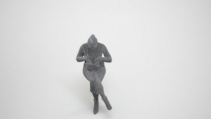 3D scanned woman sitting casual, photorealistic archviz people for Enscape and SketchUp, wireframe three-quarter view