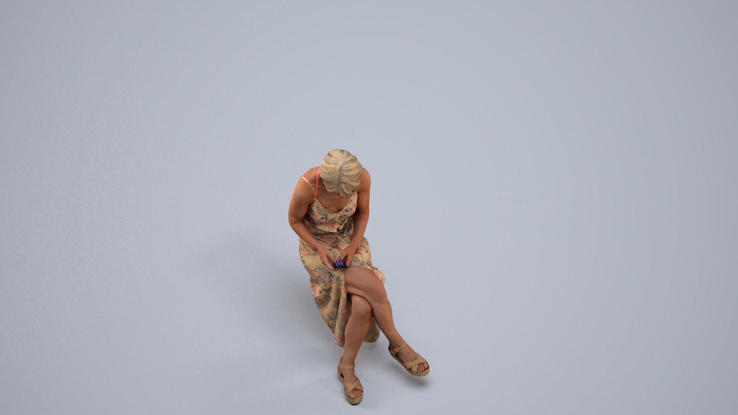photogrammetry 3D senior woman sitting, realistic human model archviz FBX, back view render