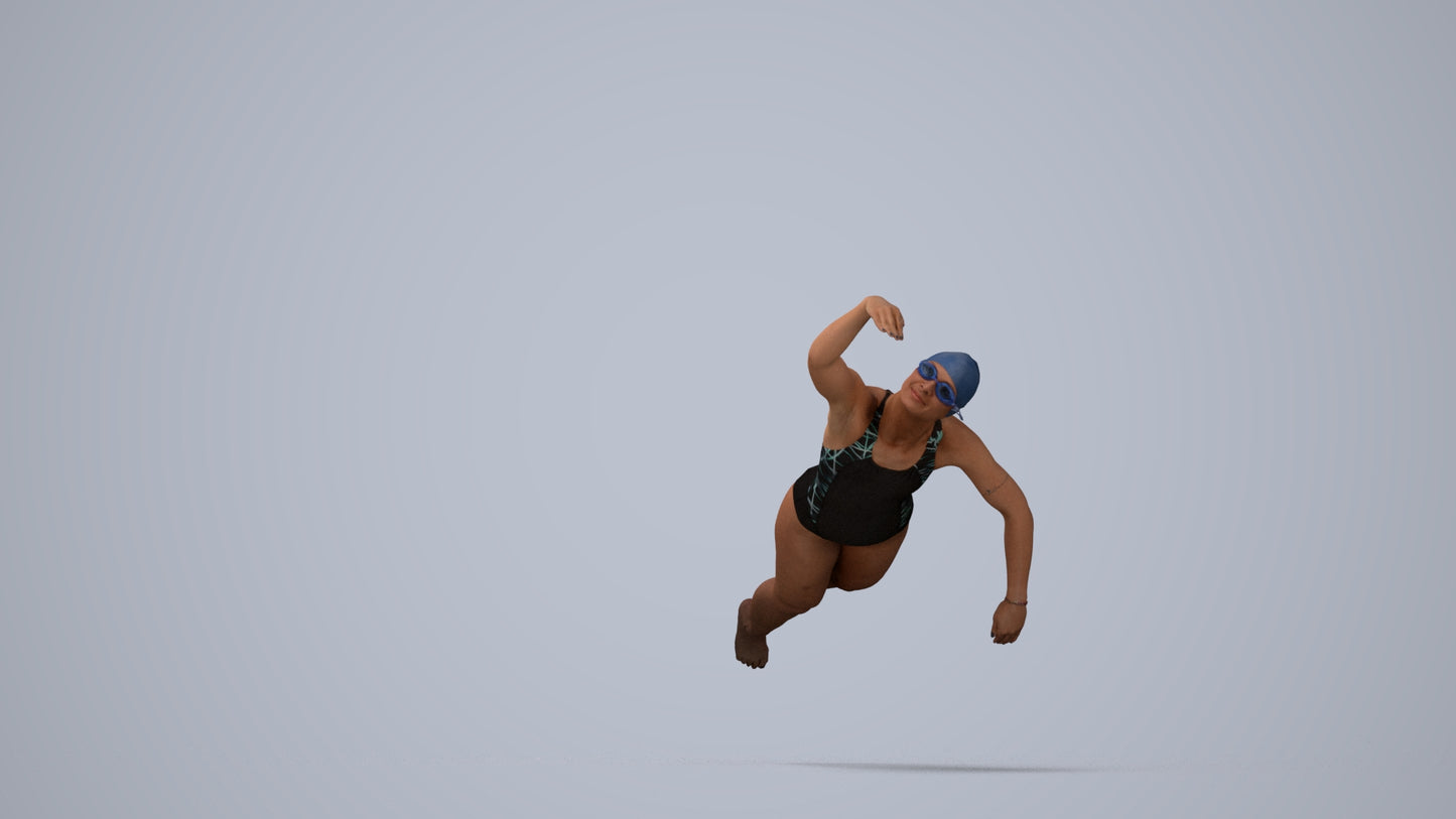 3D human model woman sport pool, photogrammetry scanned person for archviz, top-down view render