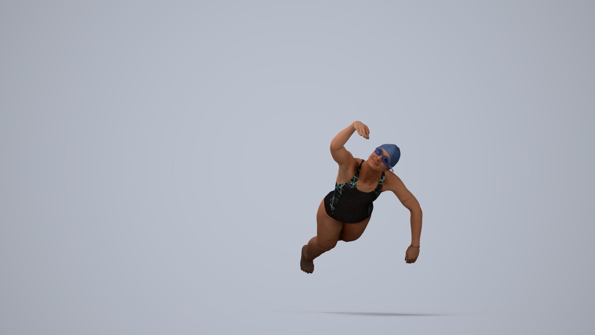 3D human model woman sport pool, photogrammetry scanned person for archviz, top-down view render