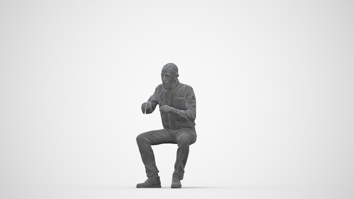 3D human model senior man casual sitting, photogrammetry scanned person for archviz, wireframe back view