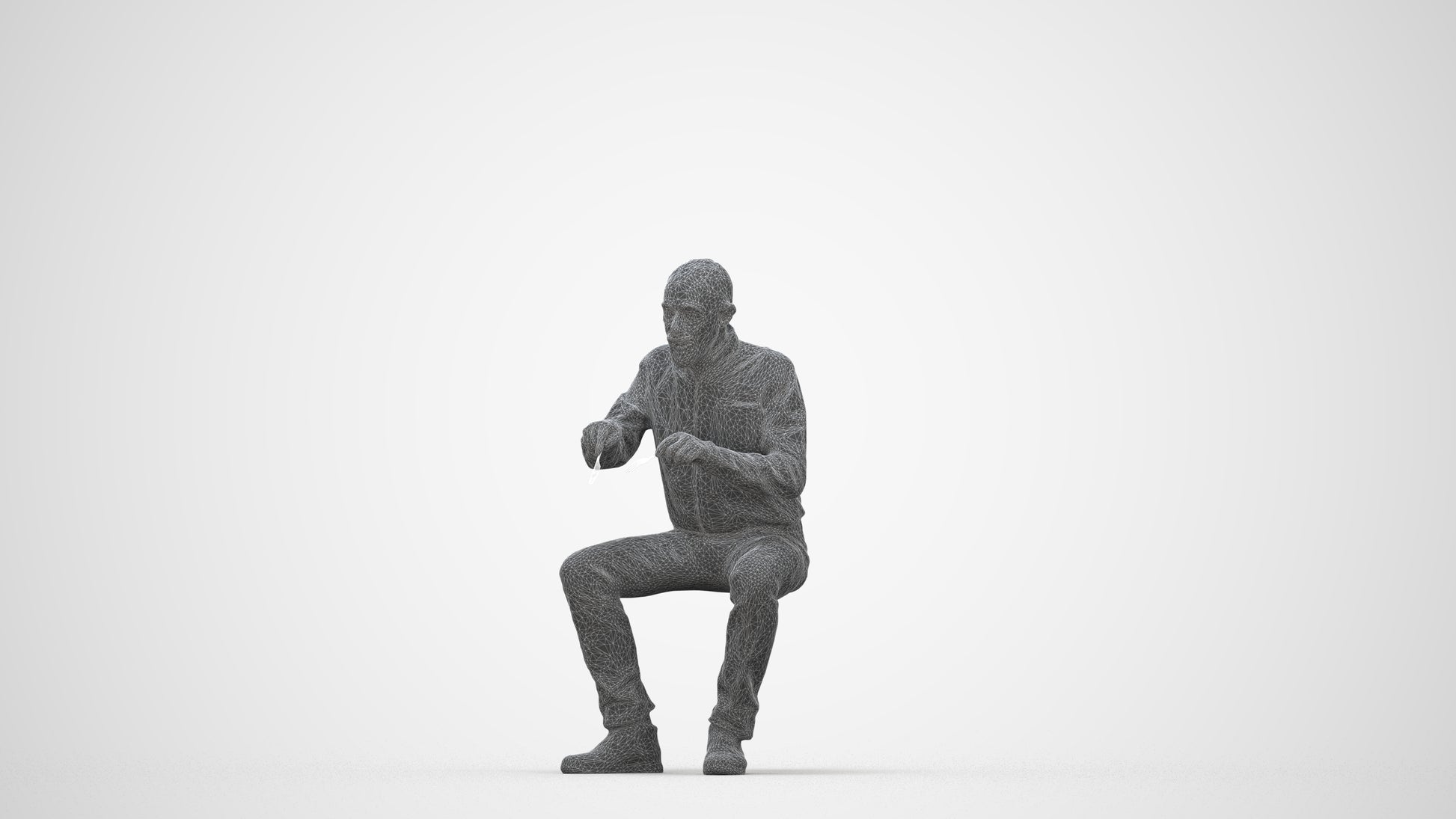 3D human model senior man casual sitting, photogrammetry scanned person for archviz, wireframe back view