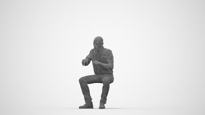 3D human model senior man casual sitting, photogrammetry scanned person for archviz, wireframe back view