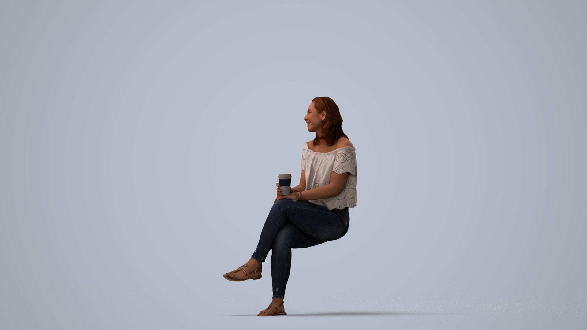 realistic 3D people woman casual sitting, render-ready for V-Ray and Corona, FBX OBJ, three-quarter view render