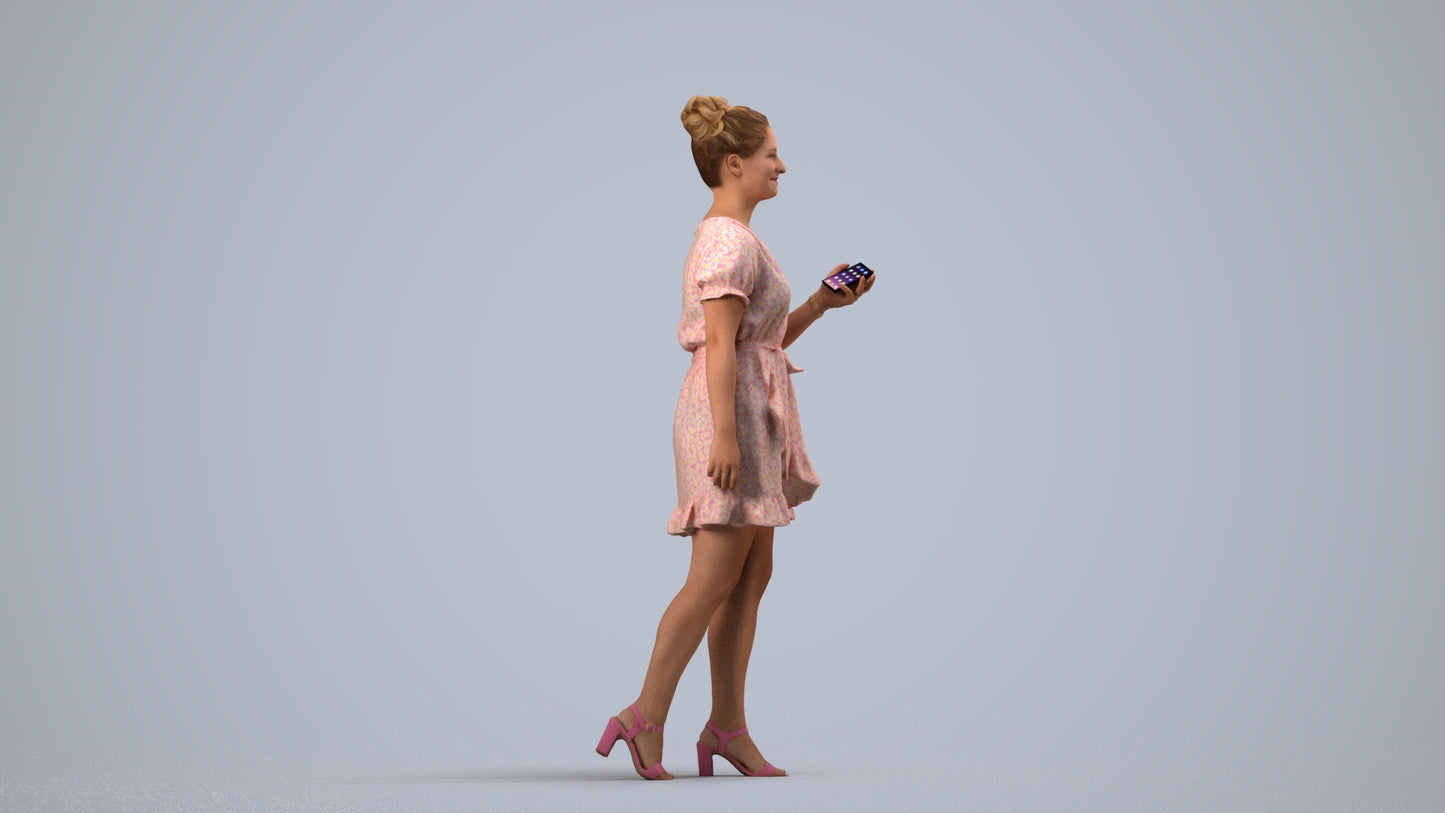 3D people model woman casual walking, scanned human for 3ds Max rendering, side view render