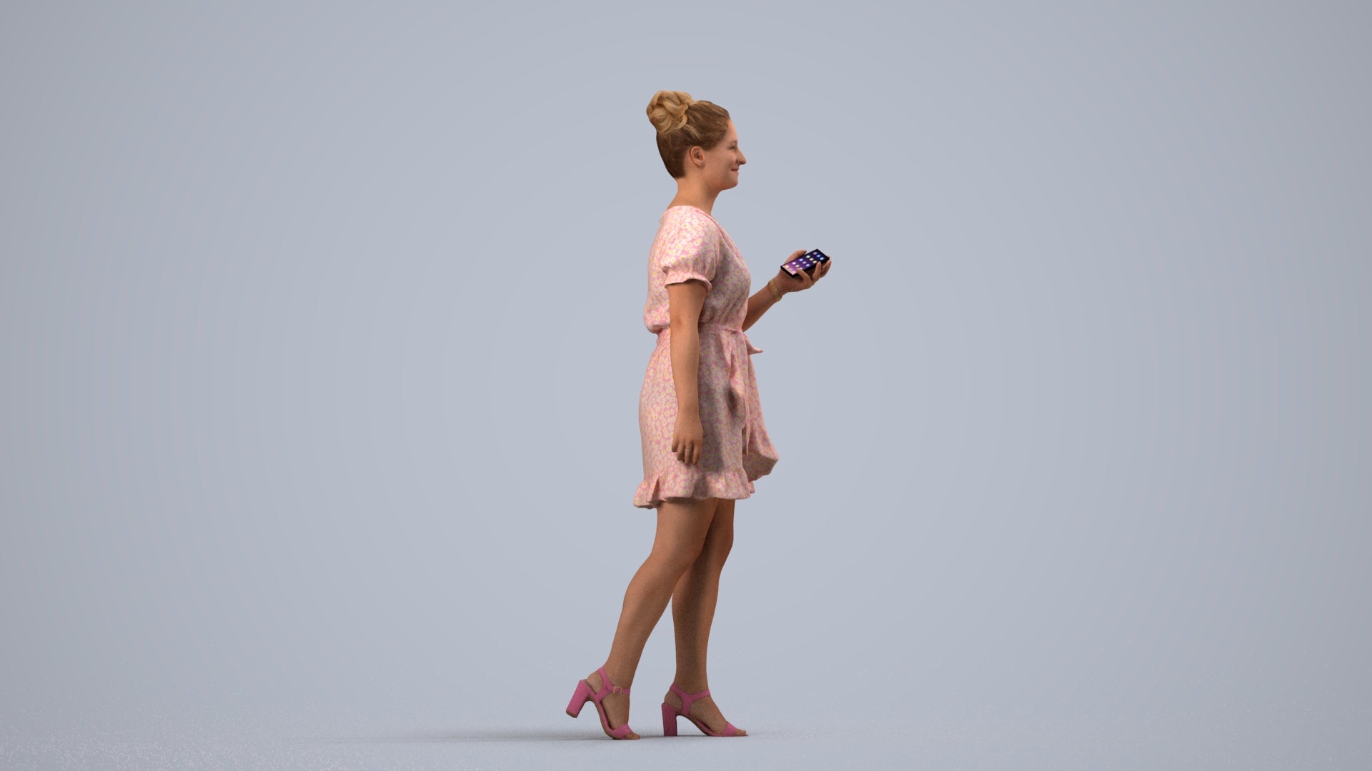 3D people model woman casual walking, scanned human for 3ds Max rendering, side view render
