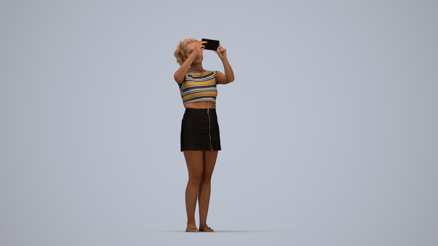 3D human model woman casual standing, photogrammetry scanned person for archviz, top-down view render