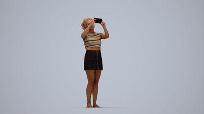 3D human model woman casual standing, photogrammetry scanned person for archviz, top-down view render