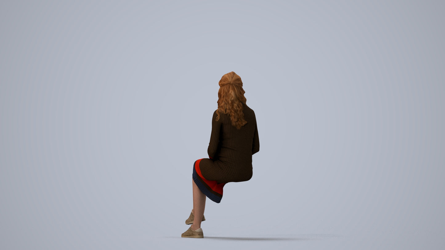 3D human model woman casual sitting, photogrammetry scanned person for archviz, three-quarter view render