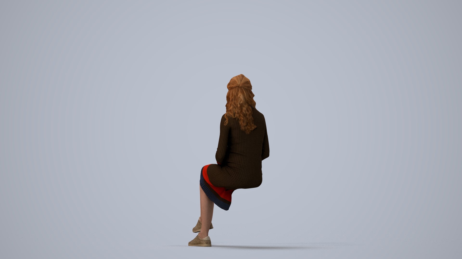 3D human model woman casual sitting, photogrammetry scanned person for archviz, three-quarter view render