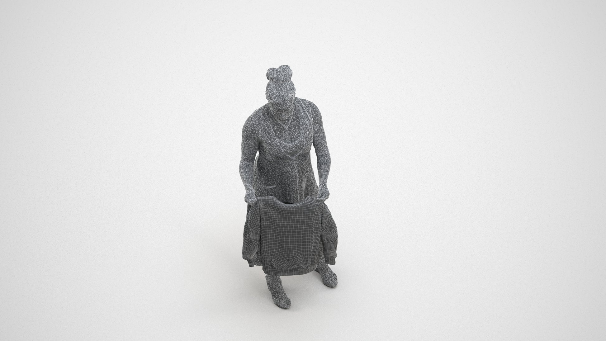 3D scanned woman standing casual, photorealistic archviz people for Enscape and SketchUp, wireframe three-quarter view