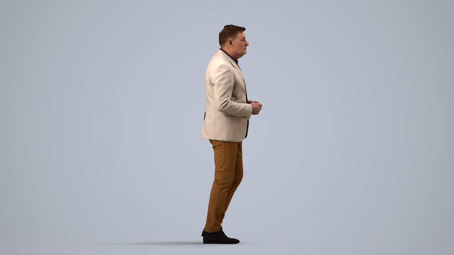 realistic 3D human man business standing, archviz people FBX OBJ for Blender, side view render
