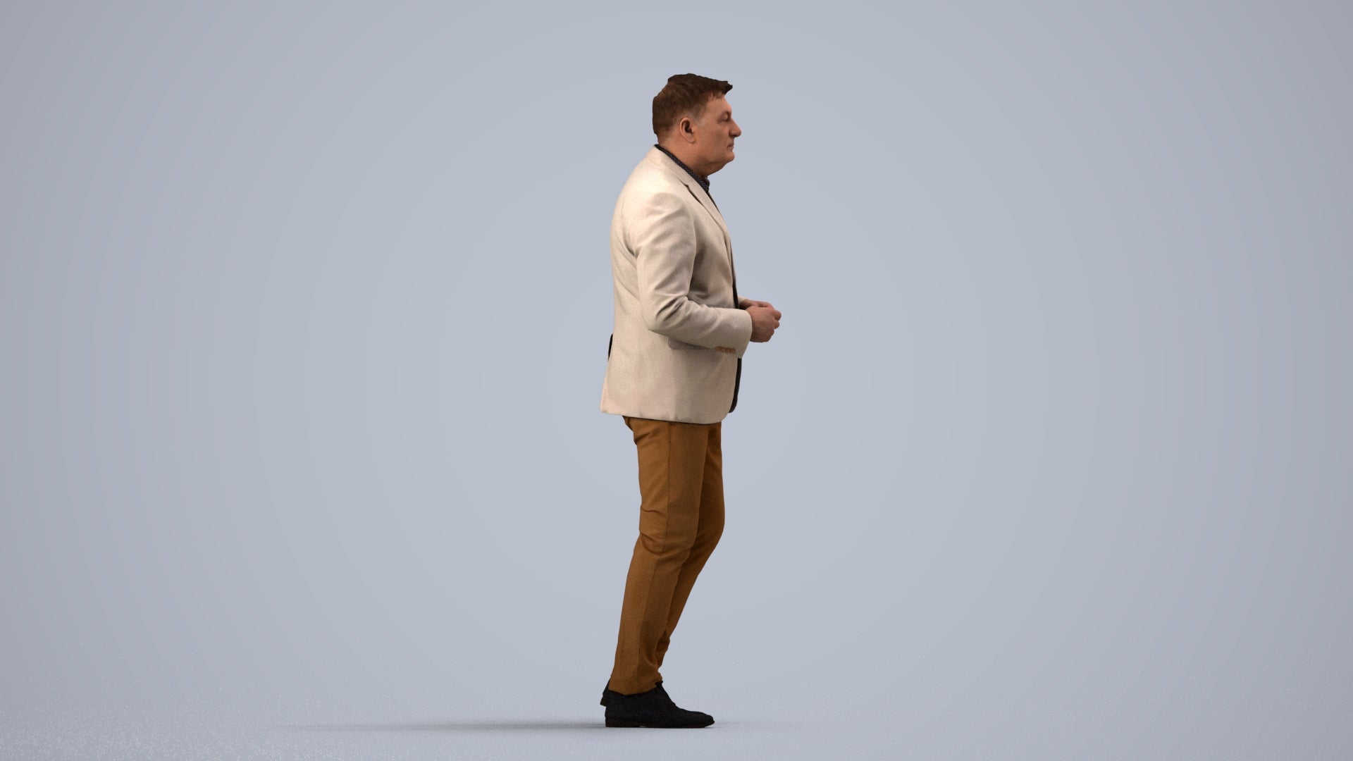 realistic 3D human man business standing, archviz people FBX OBJ for Blender, side view render