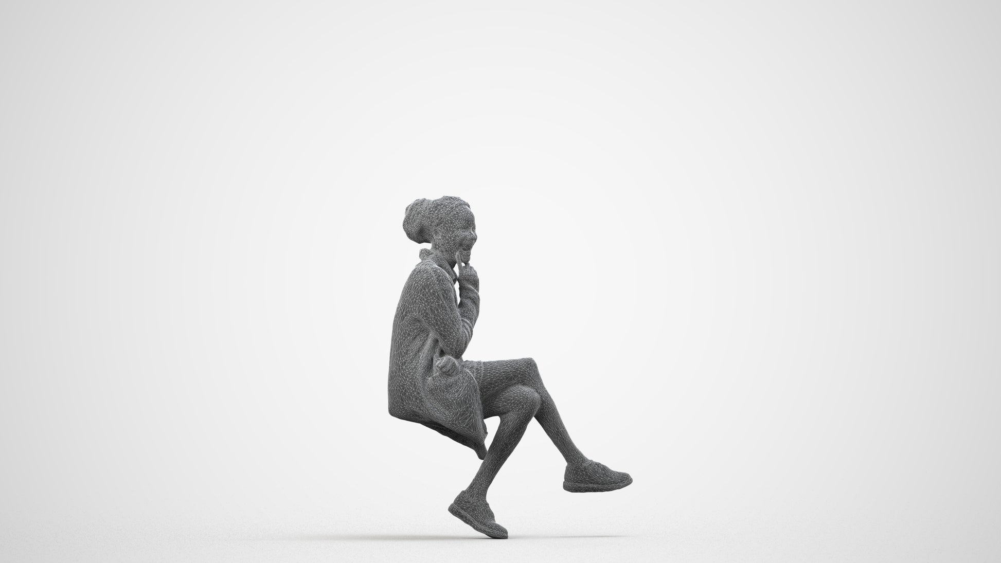 3D human model woman casual sitting, photogrammetry scanned person for archviz, wireframe side view