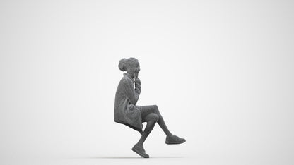 3D human model woman casual sitting, photogrammetry scanned person for archviz, wireframe side view