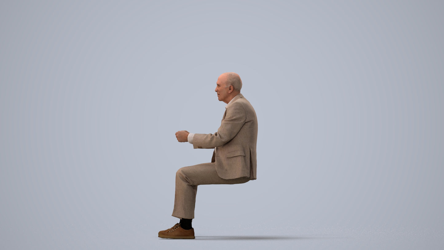 photogrammetry 3D senior man business driving, realistic human model archviz FBX, three-quarter view render