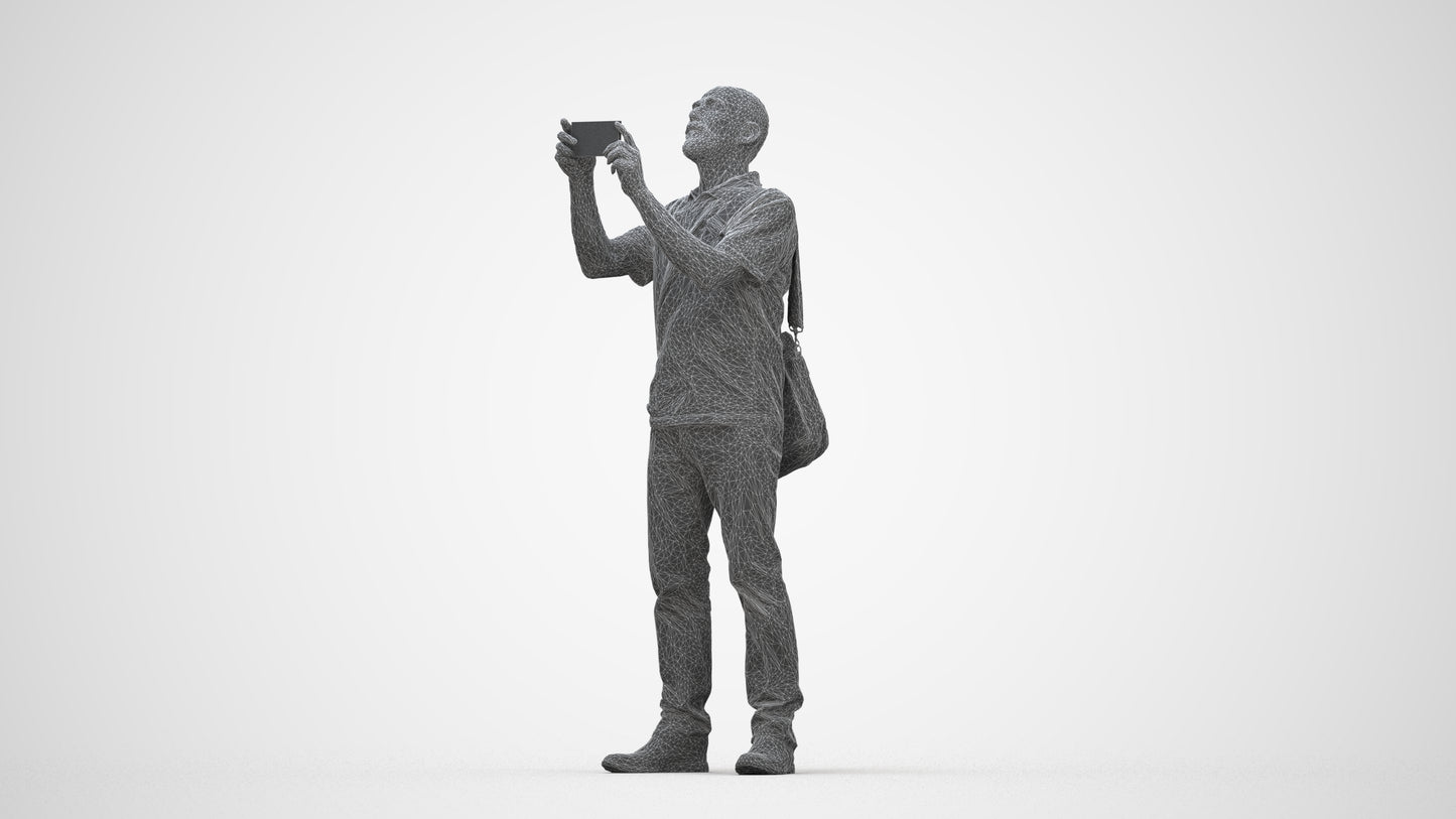 3D people model senior man casual standing, scanned human for 3ds Max rendering, wireframe back view