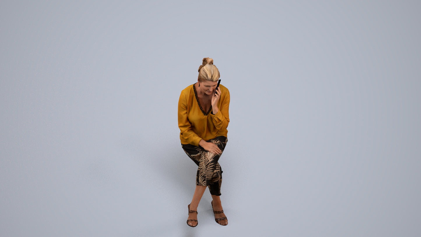 photogrammetry 3D woman casual sitting, realistic human model archviz FBX, back view render