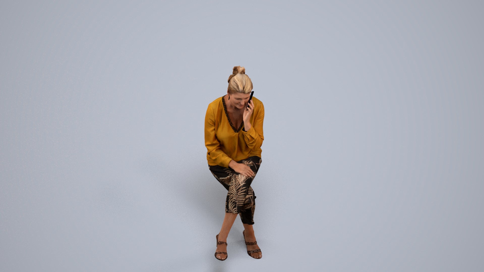 photogrammetry 3D woman casual sitting, realistic human model archviz FBX, back view render