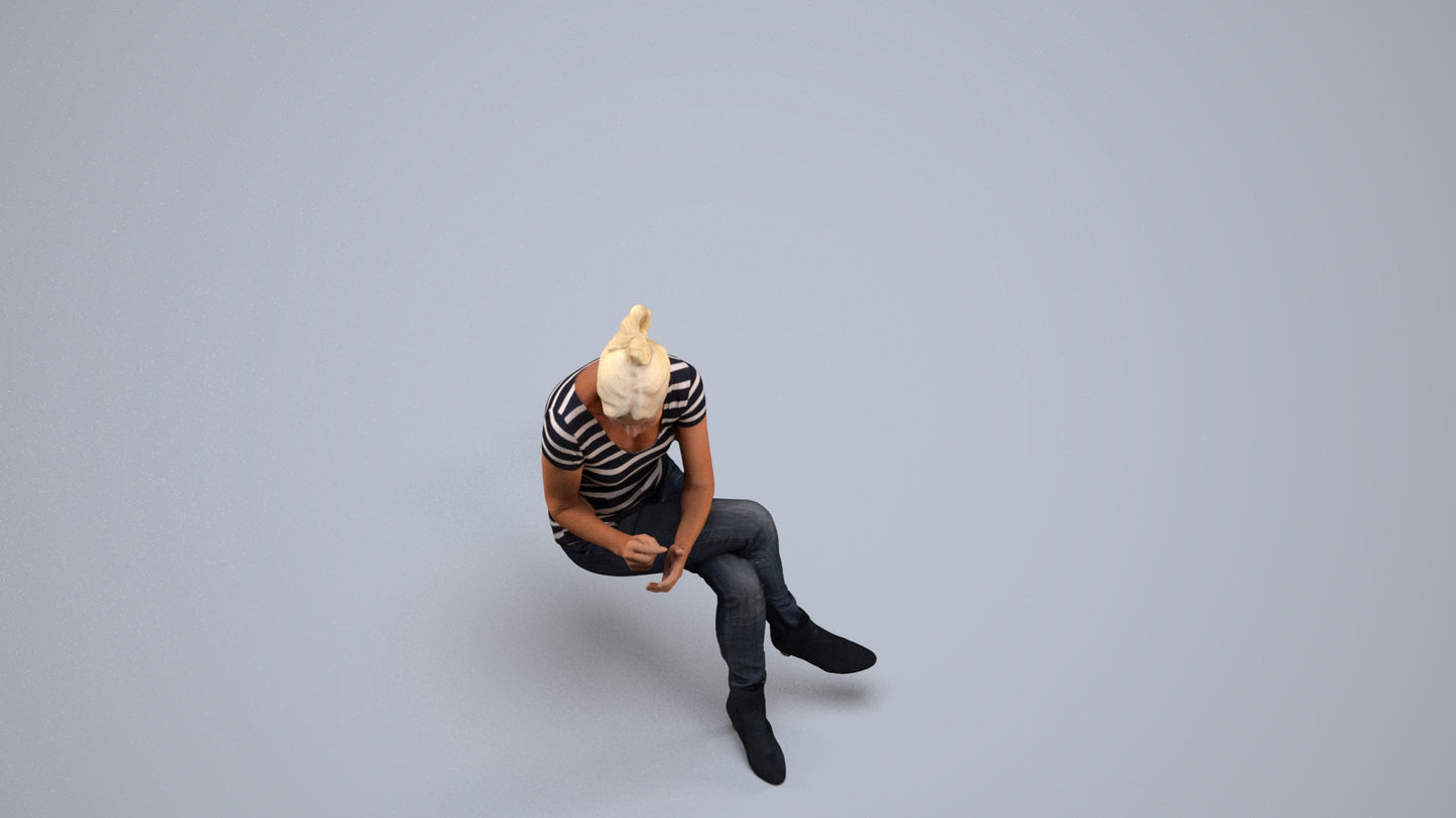 3D people model senior woman casual sitting, scanned human for 3ds Max rendering, back view render