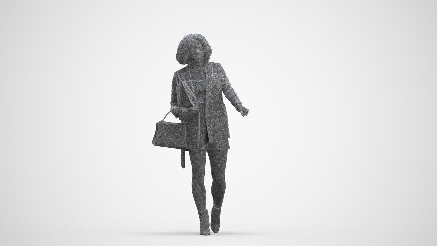 3D human model woman casual shopping, photogrammetry scanned person for archviz, three-quarter front view render