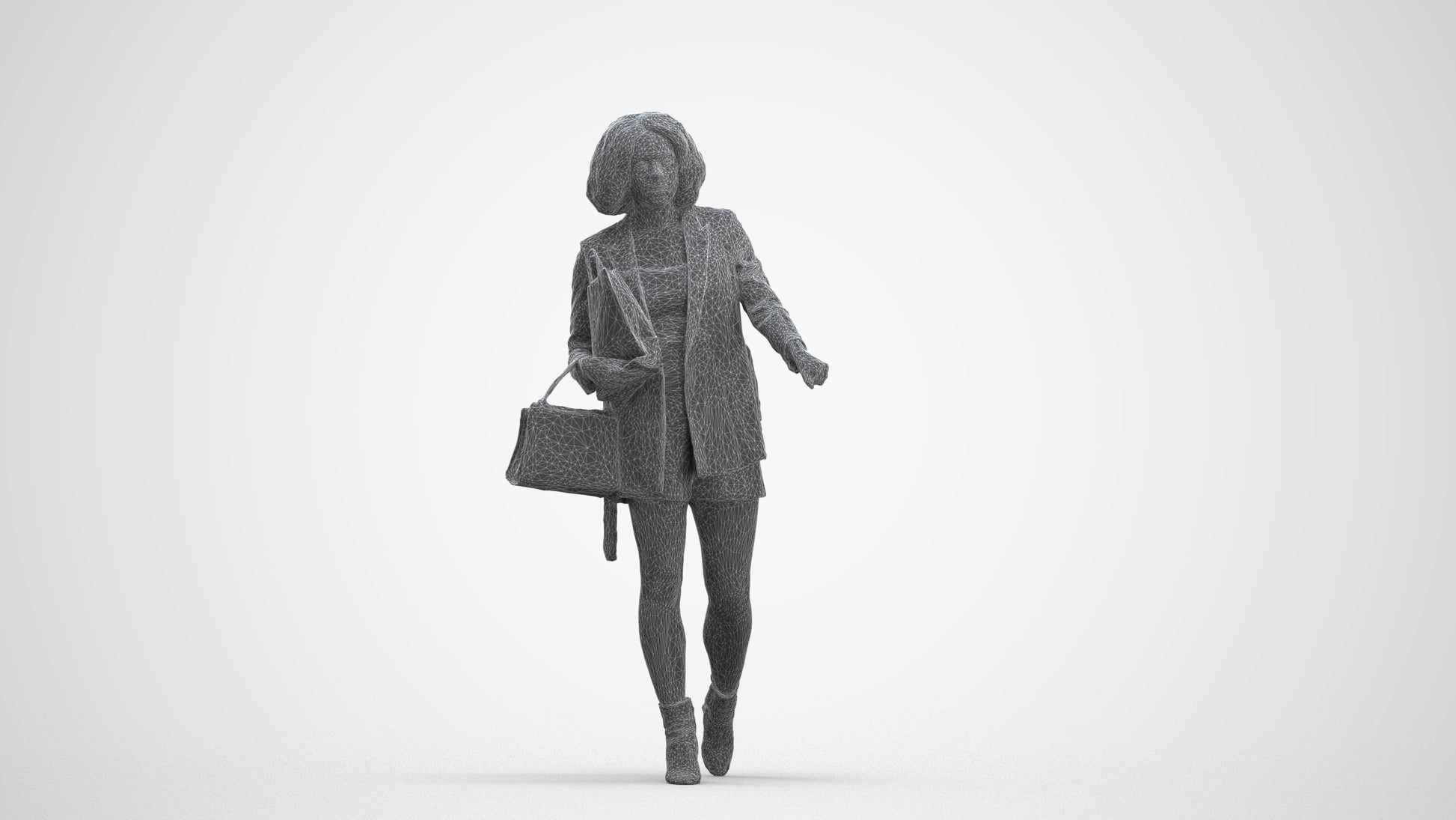 3D human model woman casual shopping, photogrammetry scanned person for archviz, three-quarter front view render