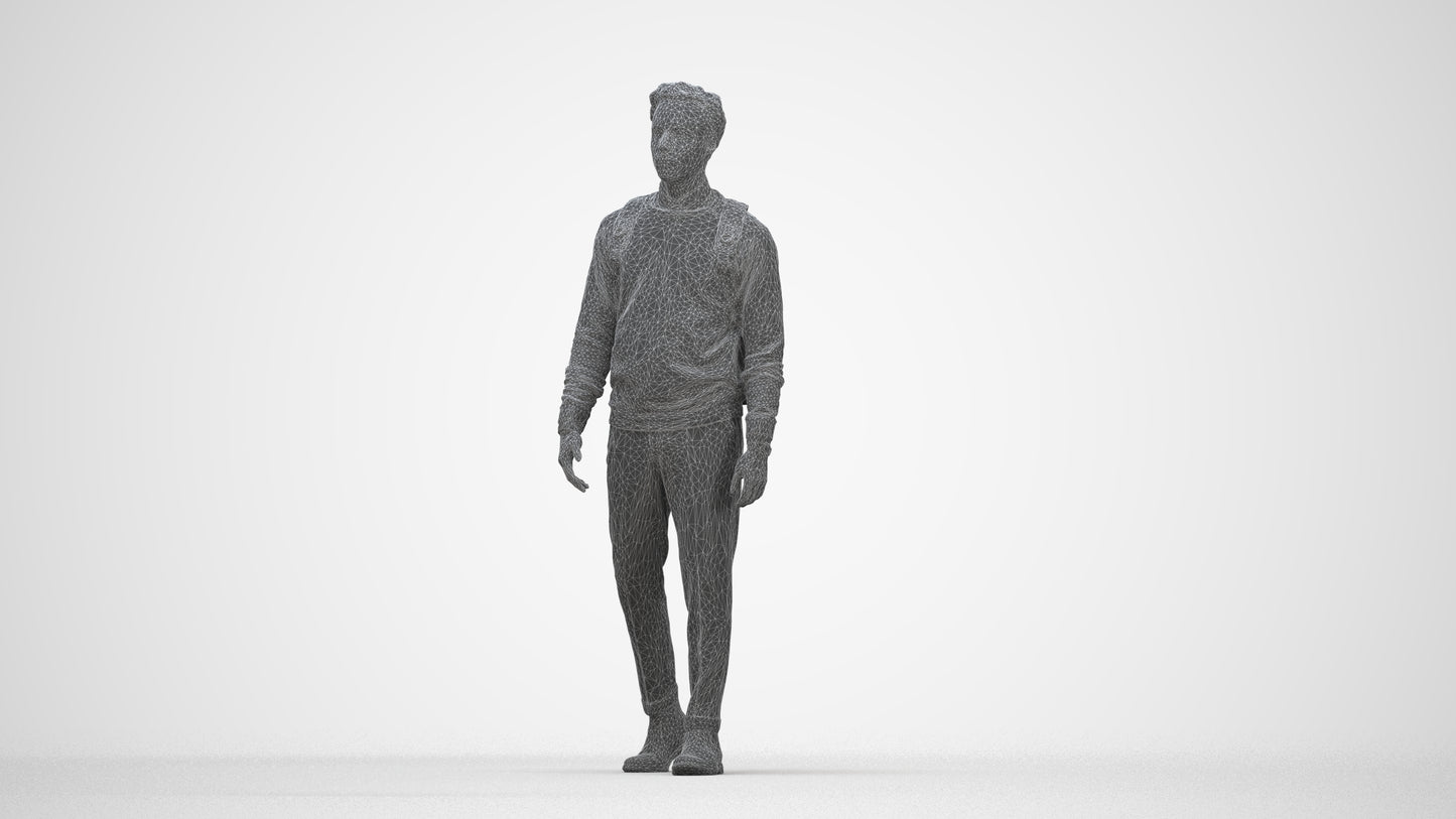 realistic 3D human man casual walking, archviz people FBX OBJ for Blender, wireframe back view
