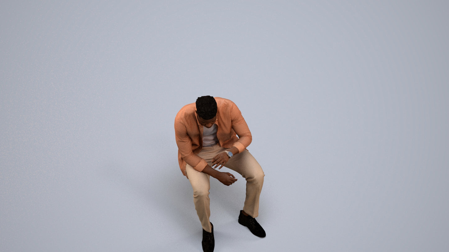 3D human model man casual sitting, photogrammetry scanned person for archviz, back view render