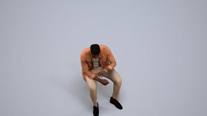3D human model man casual sitting, photogrammetry scanned person for archviz, back view render
