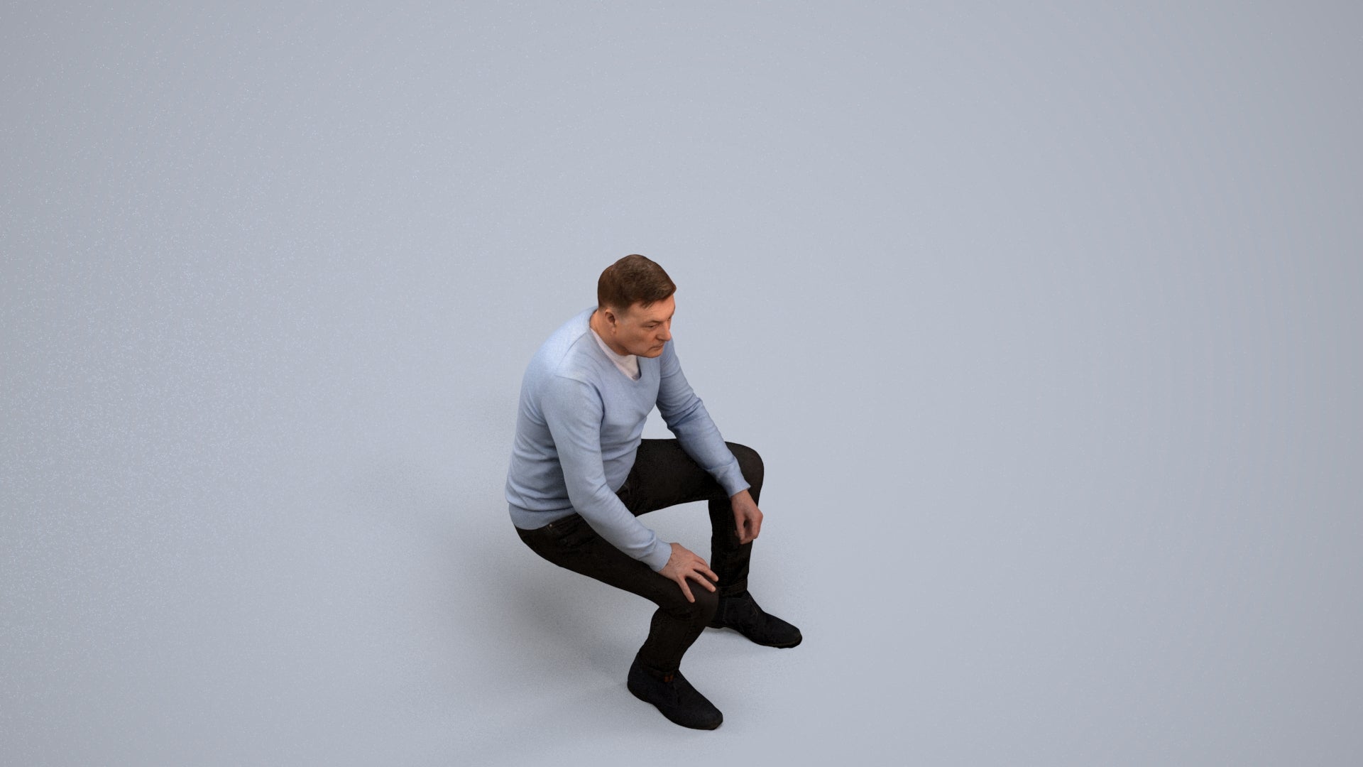 3D people model man casual sitting, scanned human for 3ds Max rendering, back view render