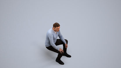 3D people model man casual sitting, scanned human for 3ds Max rendering, back view render